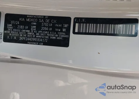 2024 Kia Forte Lxs из США, поврежденный, VIN 3KPF24AD9RE834172